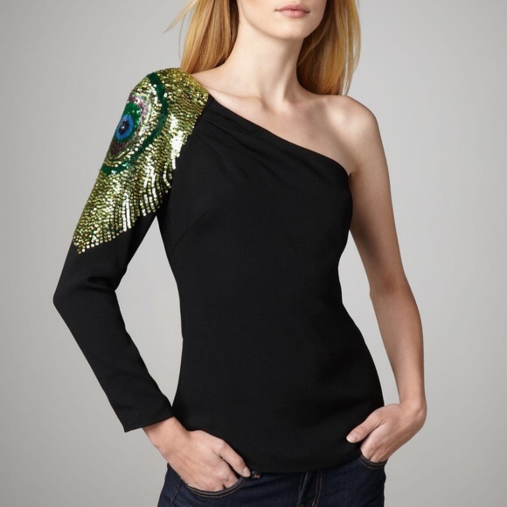 SOLD! ❌ Trina Turk Peacock Sequin Shoulder Blouse